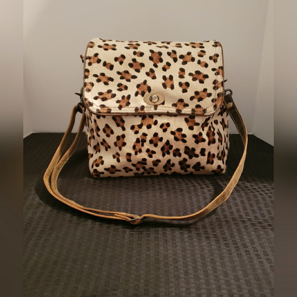 Myra Bag Cowhide Leopard Print Genuine Leather Accents Bag Brown Black - Picture 2 of 16